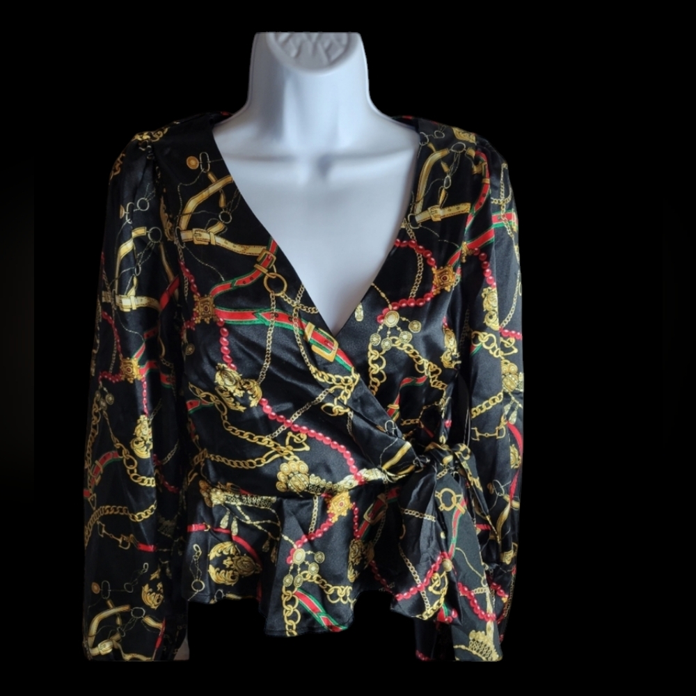Meraki chain and print blouse long sleeve  pepplum medium nwt